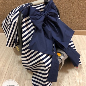 Car Seat Canopy Cover Baby Girl and Boy With Navy Stripes and Bow, Personalized Carseat Cover