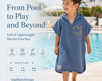 Personalized Kids Muslin Poncho Towel, Hooded Beach Cover Up, Custom Embroidered Double Layer Cotton