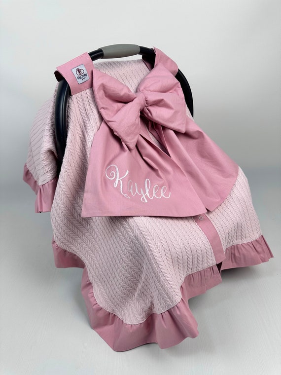 Embroidered Car Seat Cover Baby Girl Blush Cotton Pique Handmade