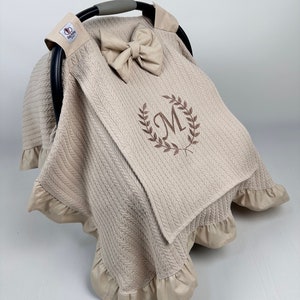 Funda de Asiento de Coche para Bebé Niña y Niño - Funda de Asiento de Coche con Malla - Toldo de Asiento de Coche Beige - Regalo de Baby Shower Personalizado - Regalo de Bebé Bordado