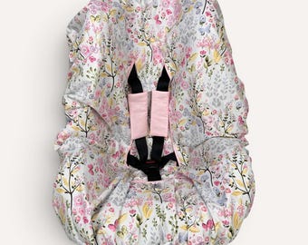 Waterproof Toddler Car Seat Liner, Pastel Pink Floral Print, Optional Strap Covers
