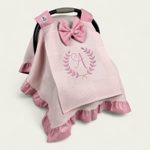 Car Seat Canopy Cover Baby Girl Blush Waffle Pique with Peekaboo Mesh Window, Personalized Carseat Cover
