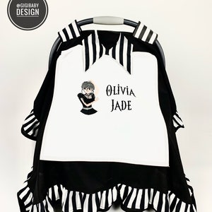 ウェンズデイ・アダムス カーシートキャノピーカバー 女の子と男の子用 黒と白 100% コットン生地 ダブルフリル、リボン、ピーカブーメッシュウィンドウ付き
