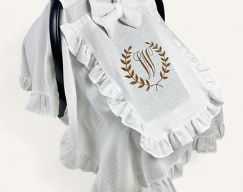 Embroidered White Muslin Car Seat Cover | Peekaboo Mesh Window | Personalized Baby Gift