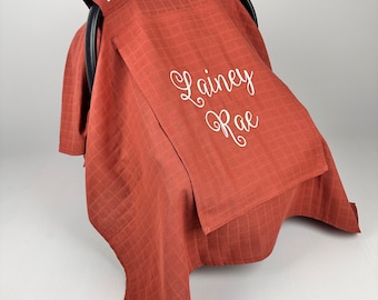 Personalized Brick Red Muslin Car Seat Canopy | Carseat Cover with Mesh Window | Embroidered & Handmade