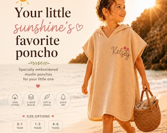 Personalized Breathable Cotton Embroidered Kids Hooded Poncho Towel in Double Layer Muslin Fabric