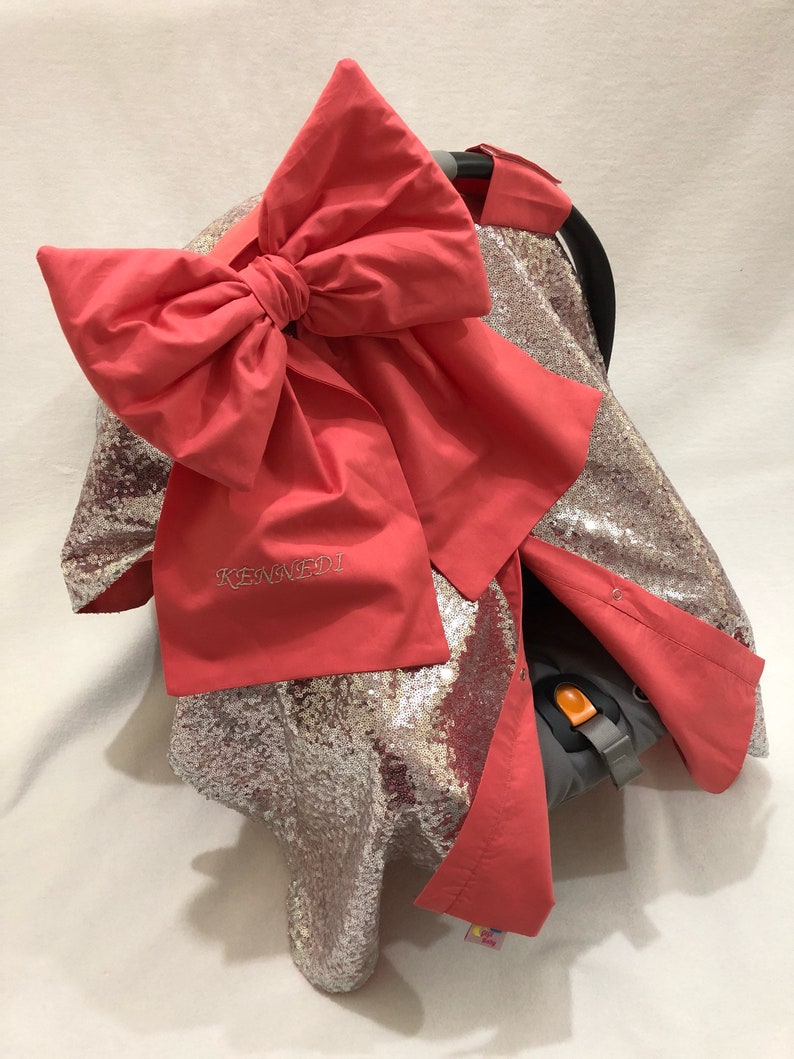 Car Seat Canopy Covr Baby Girl Shiny Silver Sequin and Coral Etsy