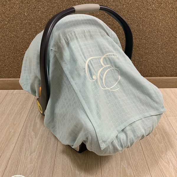 Handleless Car Seat Canopy Cover Baby Girl and Boy Muslin Gauze in Mint, Personalized Carseat Cover