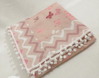 Minky Baby Receiving Blanket Girl with Pink Butterfly and Chevron Design