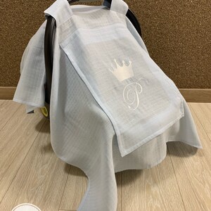Car Seat Canopy Cover Baby Girl and Boy Muslin Gauze Baby Blue with Peekaboo Mesh Window, Personalized Carseat Cover