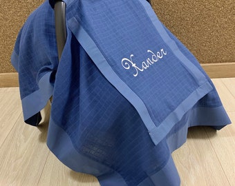 Car Seat Canopy Cover Denim Blue Muslin with Peekaboo Window, Personalized Car Seat Cover