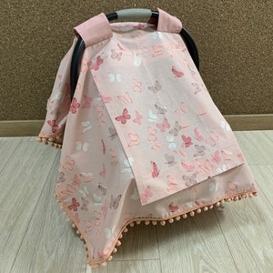 カーシートキャノピーカバー 女の子用 ブラッシュバタフライコットン生地 ポンポン＆ピーカブーメッシュウィンドウ付き パーソナライズカーシートカバー