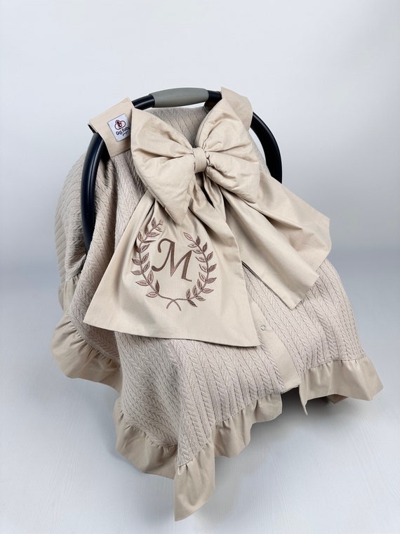 Personalized Baby Car Seat Cover: Cotton Piqué with Elegant Bow, Beige Carseat Cover