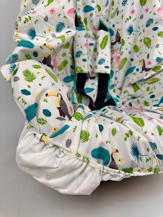 Waterproof Toddler Car Seat Liner Protector with Tropical Pattern with Strap Covers, 100% Organic Cotton,  Baby Shower Gift