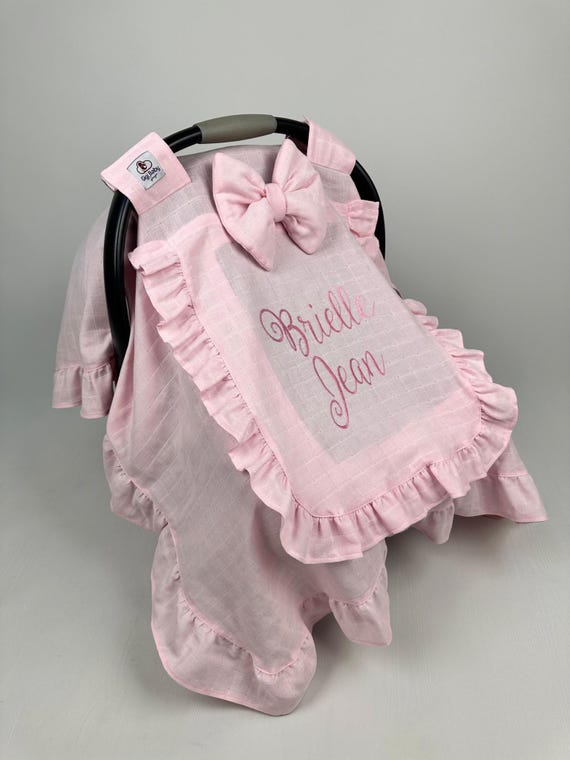 Light Pink Muslin Car Seat Cover: Ruffle, Peekaboo Mesh