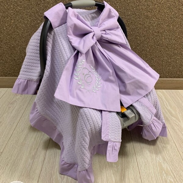 Car Seat Canopy Cover Baby Girl and  Boy in Lilac Pique with Ruffles and Bow, Personalized Car Seat Cover