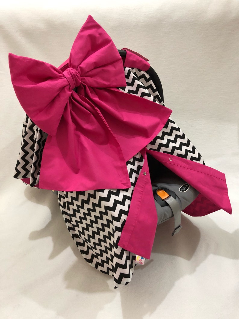 Black And White Chevron and Hot Pink Car Seat Canopy Cover with Black And White Chevron and Hot Pink Big Bow for Baby Girl image 2