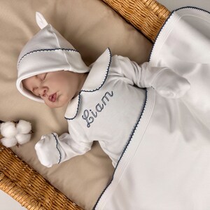 Personalized Baby Boy Coming Home Outfit, GOTS Certified Organic Cotton, Footie, Hat, Blanket