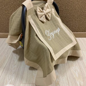 カーシートキャノピーカバー ベージュ モスリンガーゼ 女の子と男の子用、ピーカブーメッシュウィンドウ付きパーソナライズベビーカーシートカバー