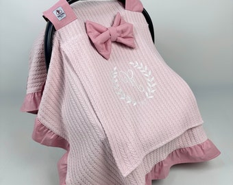 Car Seat Cover Baby Girl - Car Seat Cover with Mesh - Car Seat Canopy Blush  - Personalized Baby Shower Gift - Baby Gift Embroidery