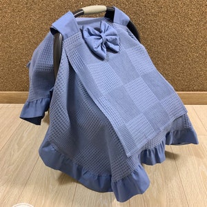 カーシートキャノピーカバー 男の子と女の子用 ピーカブーウィンドウ付き デニムブルーワッフルピケ パーソナライズカーシートカバー