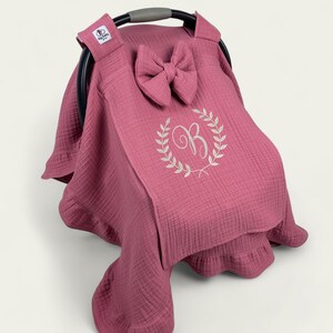 Car Seat Cover Baby Girl and Boy in Rose Pink Layered Muslin with Mesh Window - Personalized Baby Shower Gift - Baby Gift Embroidery