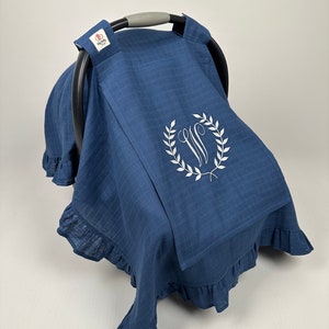 Cubierta del dosel del asiento del coche Gasa de muselina para bebé niña y niño en azul denim, cubierta del asiento del coche monograma