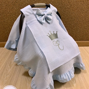 カーシート キャノピー カバー 男の子&女の子 ベビーブルー ワッフル ピケとピーカブー メッシュ ウィンドウ付き パーソナライズ カーシート カバー (100% コットン、プロテクター)