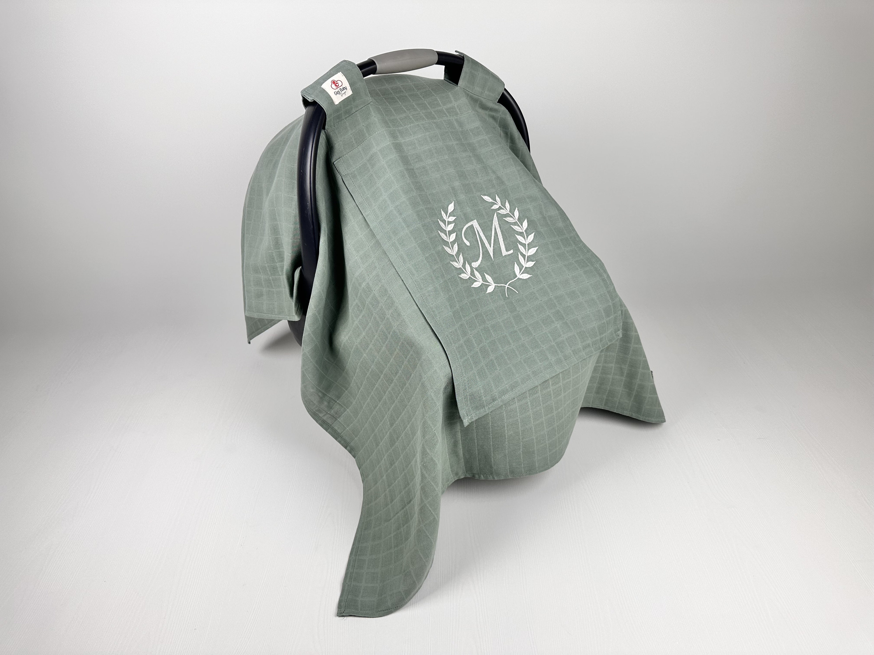 Car Seat Cover Baby Girl - Car Seat Cover Boy  -   Car Seat Canopy Green Muslin  - Personalized Baby Shower Gift - Baby Gift Embroidery