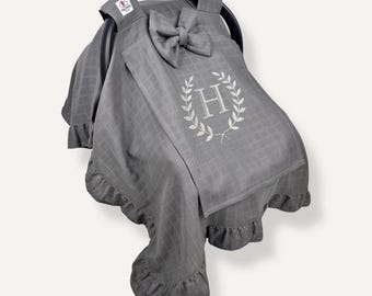 Personalized Muslin Car Seat Cover with Mesh Window in Gray, Embroidered Gift for Baby