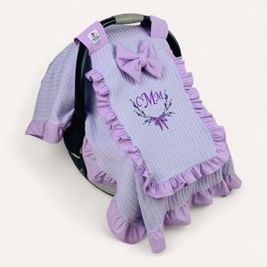 Personalized Baby Girl Car Seat Cover Lilac, Handmade Carseat Canopy, Peekaboo Mesh Window with Ruffle