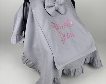Car Seat Cover Baby Girl & Boy with Gray Muslin Gauze Ruffle and Peekaboo Mesh Window,Personalized Carseat Canopy Cover, Baby Shower Gift