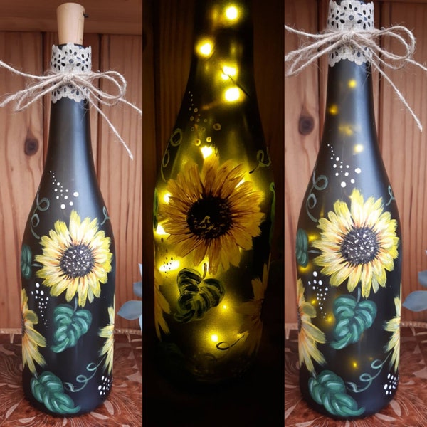 Light-up hand painted up-cycled wine bottle, Sunflowers
