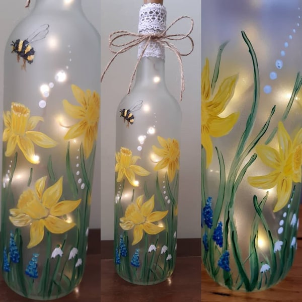 Light-up hand painted upcycled wine bottle lamp, spring daffodils