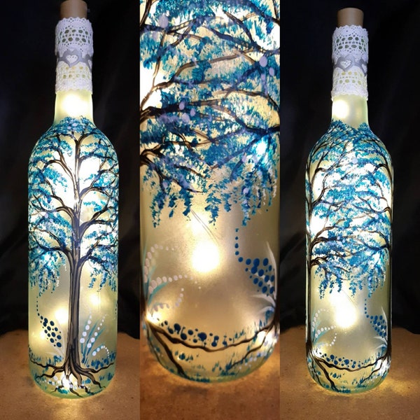 Light-up handpainted upcycled wine bottle lamp, Teal Trees