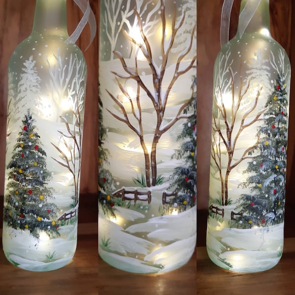 Light-up hand painted upcycled wine bottle lamp, Winter/Christmas snowy scene