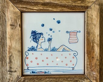 CERAMIC AND WOOD PICTURE: Blue Girls series