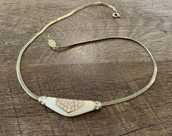 vintage Vendome gold tone necklace, white rhinestones 16.5 inches cream pendant
