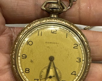 Antique Admiral Pocket Watch, Gold Over Copper With FOB 43mm Case Needs Service