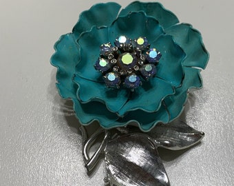 Vintage Coro floral brooch with rainbow rhinestones and blue flowers