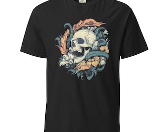 Camiseta gráfica macabra con calaveras en flor: arte oculto y de terror