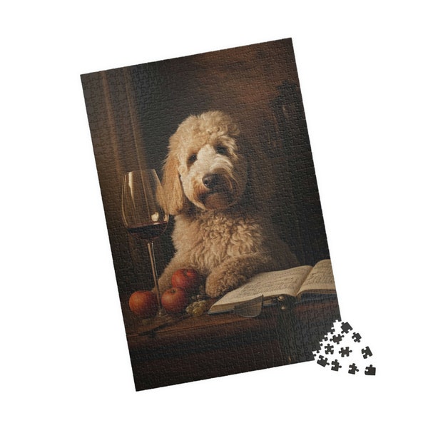 Goldendoodle Enjoying Wine Jigsaw Puzzle - Perfect Golden Doodle Puzzle Gift for Dog Lovers