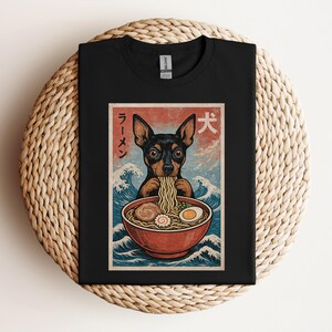 Miniature Pinscher Eating Ramen T-Shirt, Min Pin Kawaii Anime Ukiyo-e Art Shirt Gift for Dog Lovers