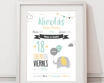 Personalized table with baby data, birth