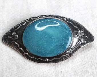 Antique Victorian to Edwardian Arts & Crafts style blue ceramic pottery cabochon brooch