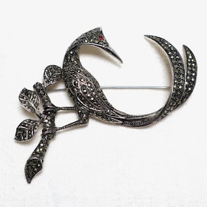 Vintage c1960s mid-century large sterling silver and marcasite bird of paradise statement brooch