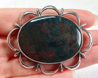 Vintage antique style large sterling silver bloodstone agate gemstone brooch