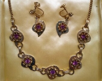 Vintage 1960s gold tone amethyst rhinestone gold tone collier necklace and earrings set