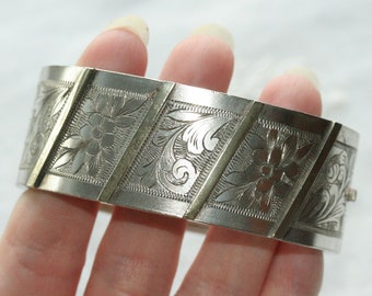 Antique Victorian silver plated Aesthetic movement engraved chunky hinged bangle bracelet