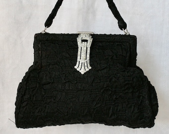 Vintage 1930’s Art Deco black crepe top handle evening cocktail bag with diamante clutch frame